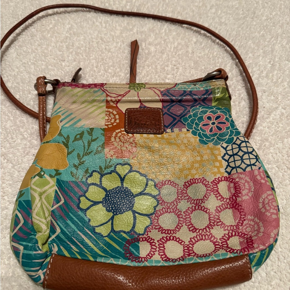 Fossil Blue and Pink Crossbody Bag with Artistic Patchwork Design